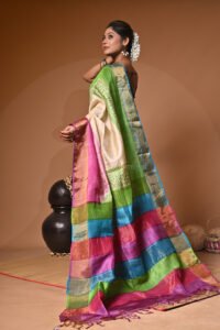 Handblock Print Pure Bushnupuri Zariborder Tussar Saree – Silk Mark Certifie