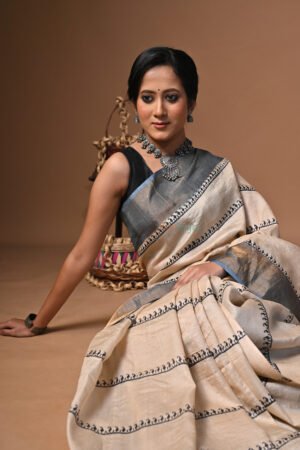 Handblock Print Bishnupuri Zari Tussar Saree With Running BP