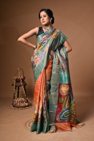 Hand-painted kalamkari on pure Bishnupuri Zari Border Tussar Silk