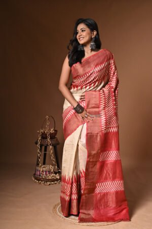Hand Block Print Pure Bishnupuri Tussar Saree with Zari Border