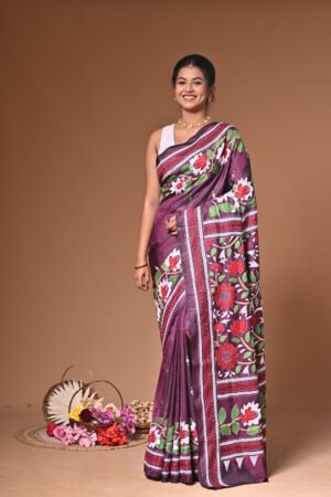 Wine Handstitched Kantha Saree on Blended Bangalore Silk