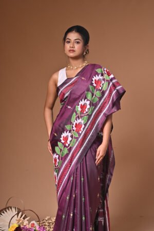 Wine Handstitched Kantha Saree on Blended Bangalore Silk