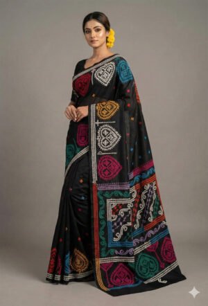Black Gujarati Stitch Saree with Multicolour Threads