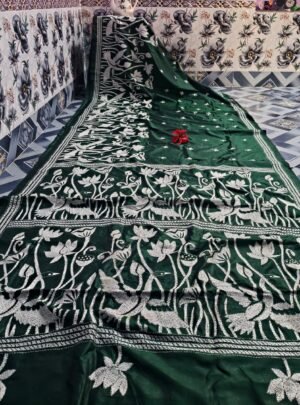 Handcrafted Green Kanthastitch Saree on Blended Bangalore Silk