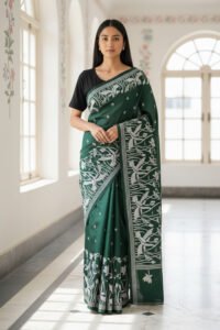 Handcrafted Green Kanthastitch Saree on Blended Bangalore Silk